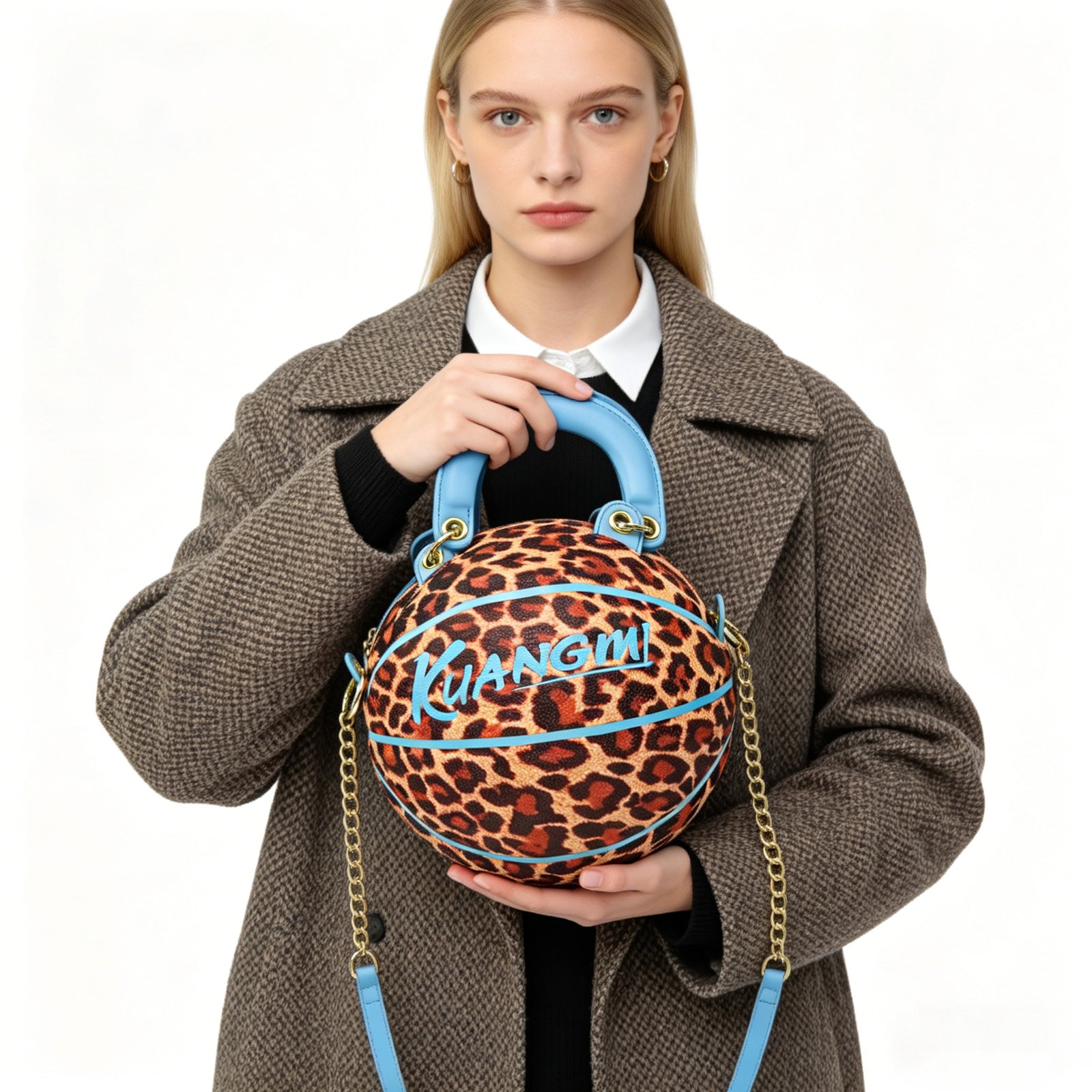 Kuangmi Basketball-Tasche in Blau mit Leopardenmuster, Größe 7, Handtasche