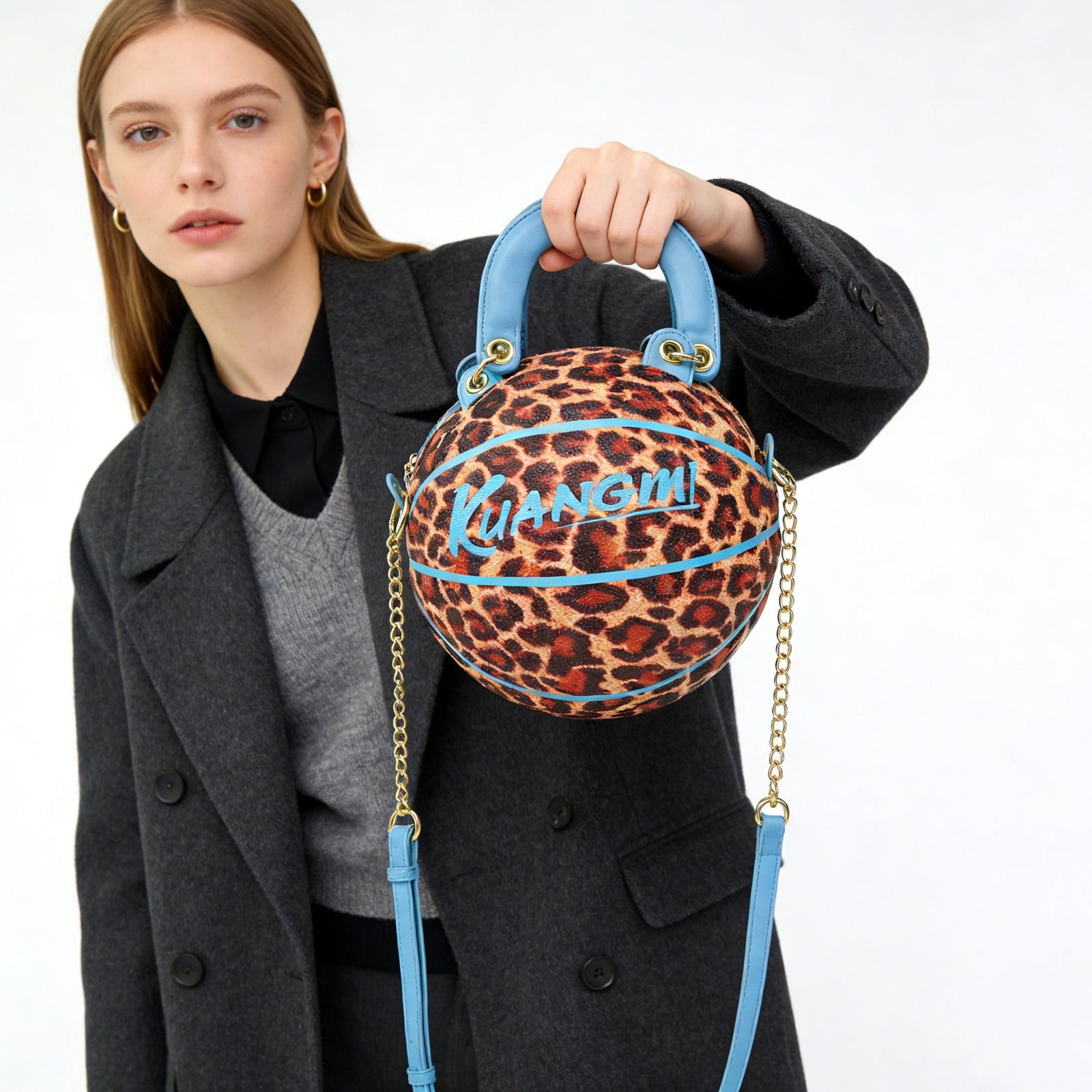 Kuangmi Basketball-Tasche in Blau mit Leopardenmuster, Größe 7, Handtasche