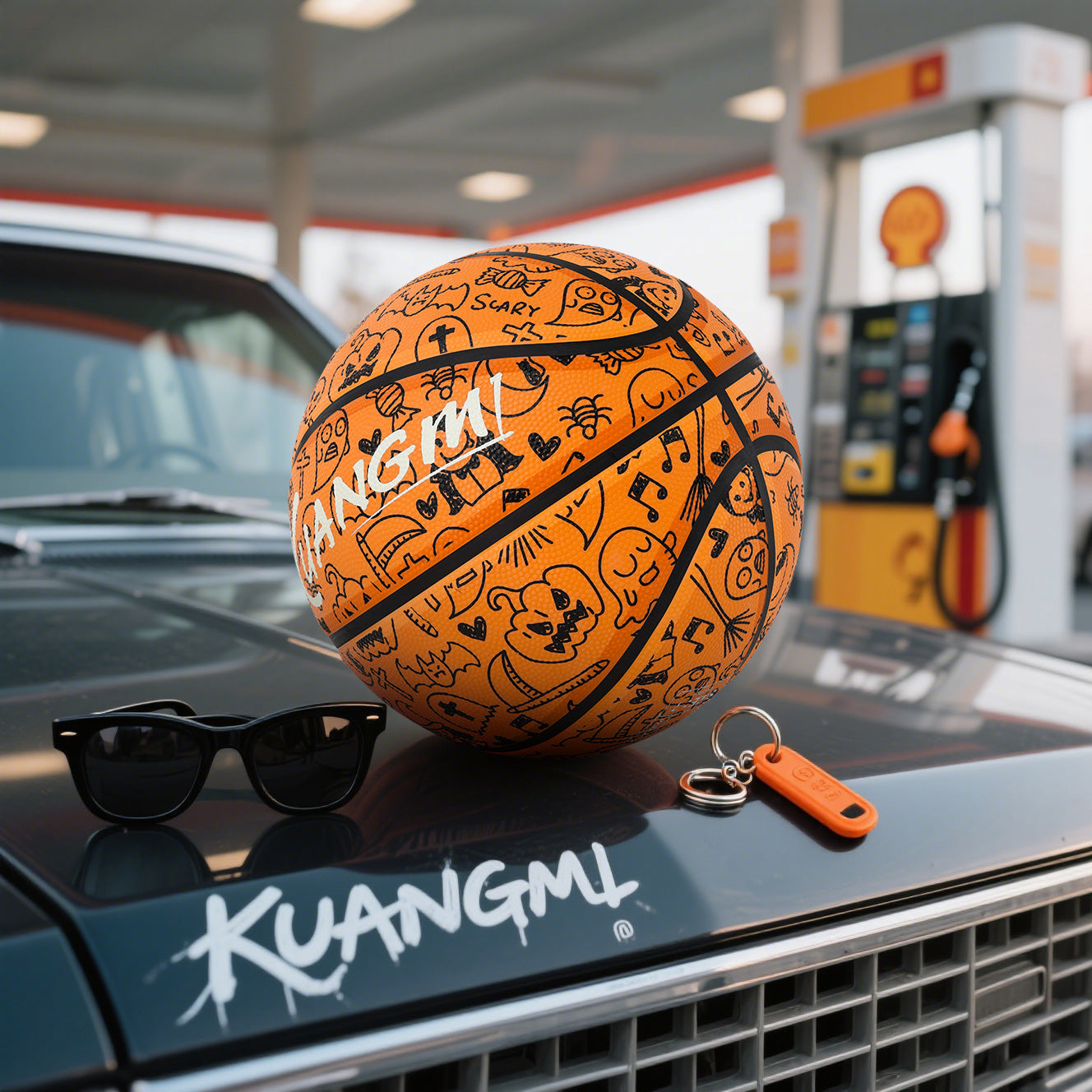 Kuangmi 2026 Halloween Basketball Größe 7 (29,5 Zoll) LED-Graffiti-Design